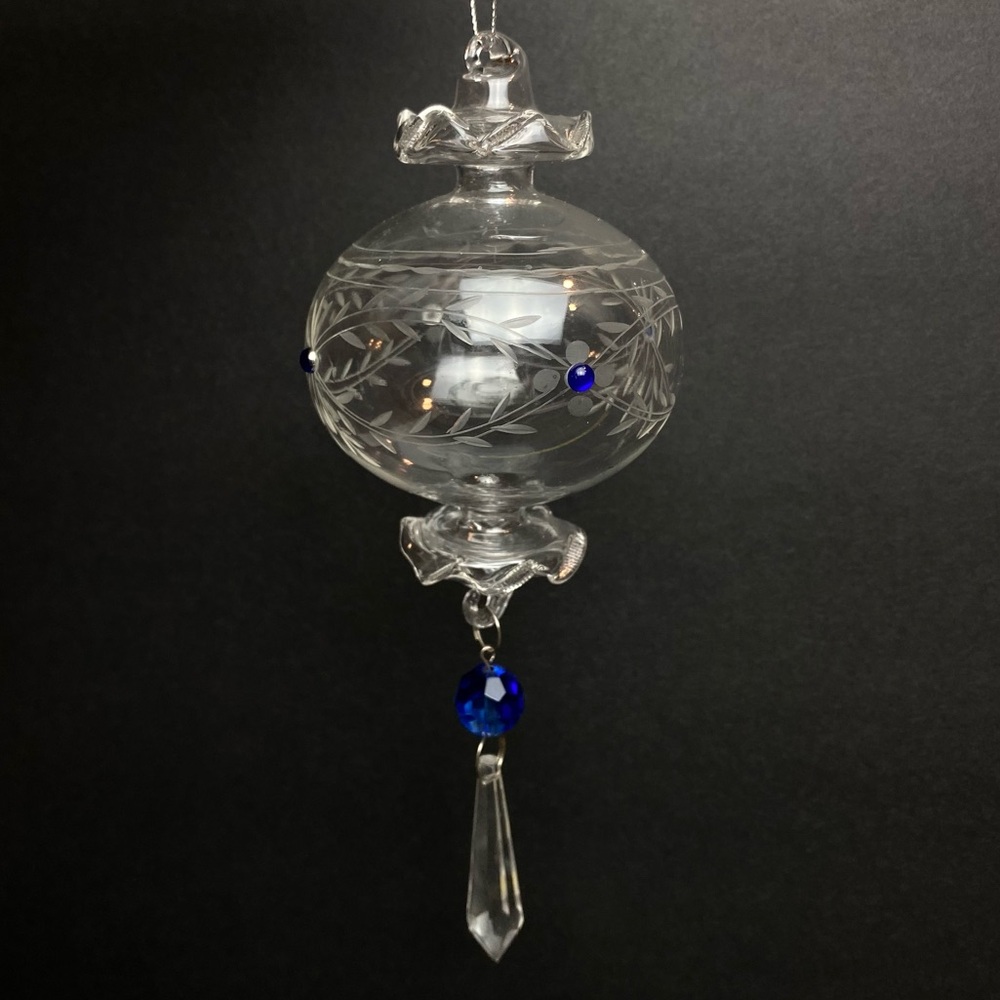 Elegant Hand-Blown Clear Etched Glass Ornament Etched‎ Vine Pattern Blue Beads